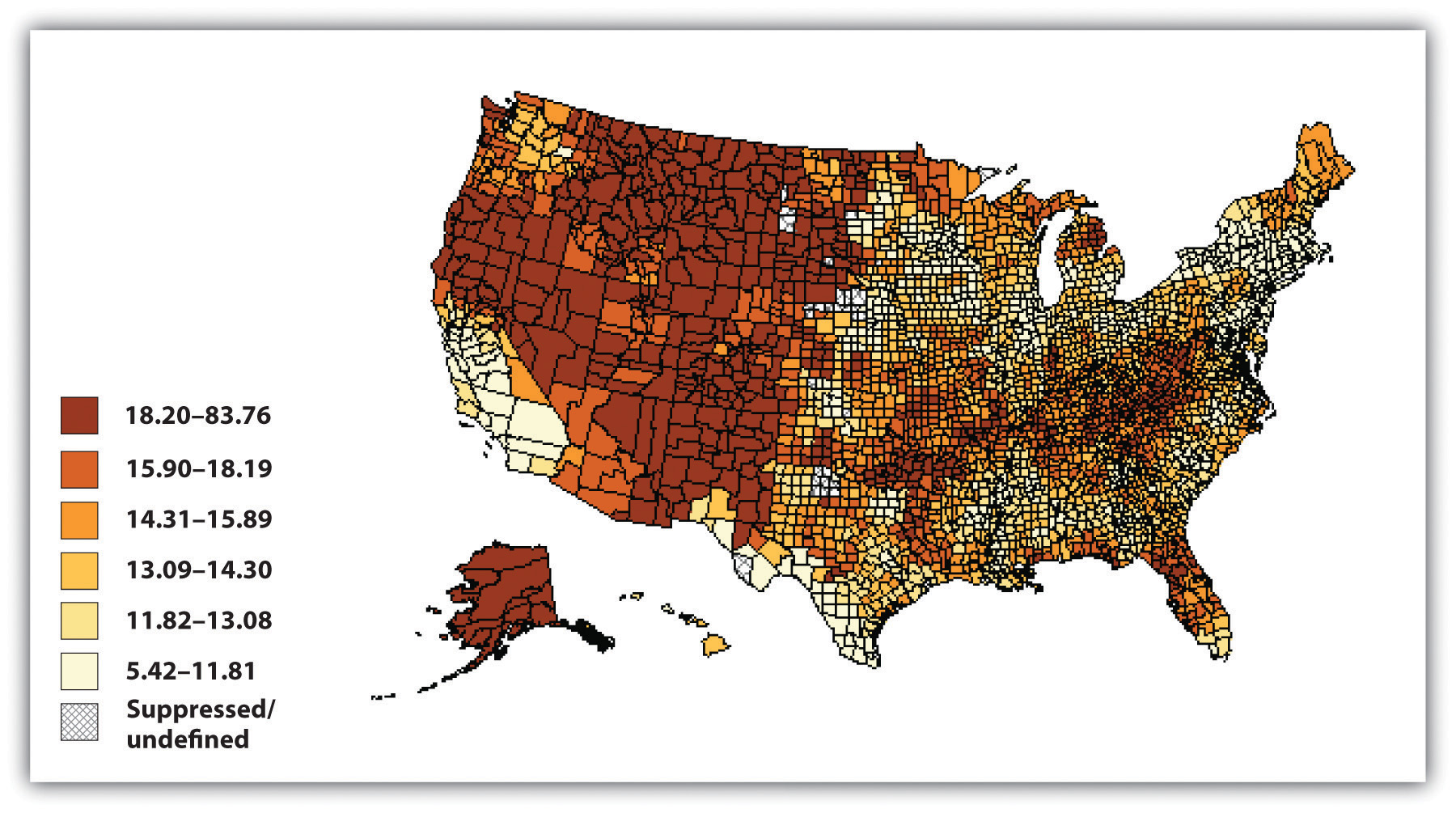 US Suicide Rates, 2000-2006. The highest rates of suicide are in Alaska and the western half of the US, besides much of California