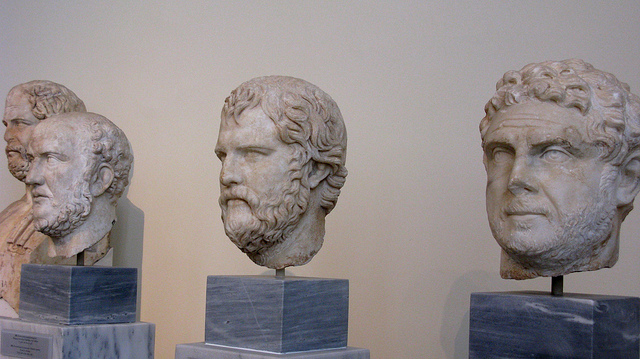 Marble busts of the heads of famous Greek philosophers at The National Archaeological Museum in Athens, Greece