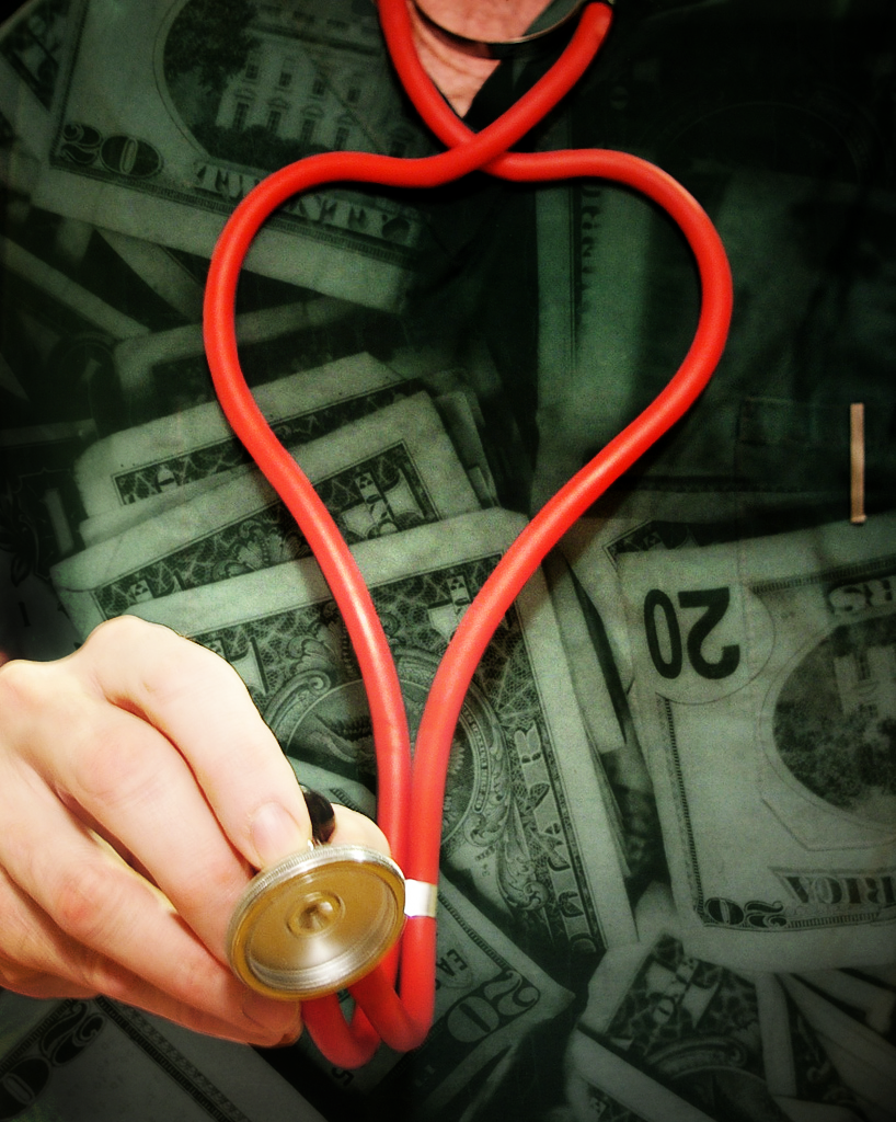 A doctor wearing scrubs made out of money, holding a stethoscope