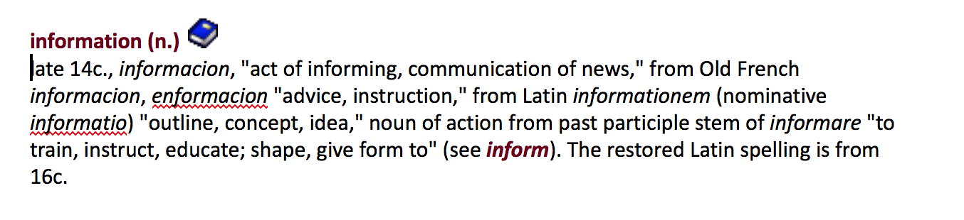dictionary entry for the word information