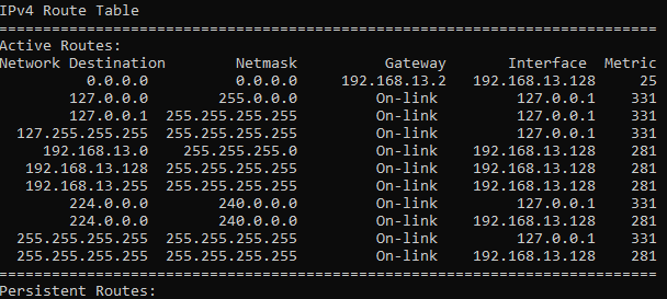 windows route print command outpout