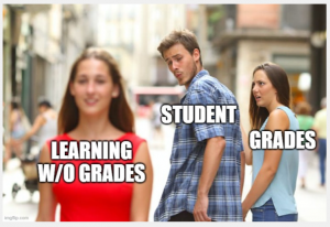 Photo of a distracted boyfriend looking at another girl called Learning without grades.