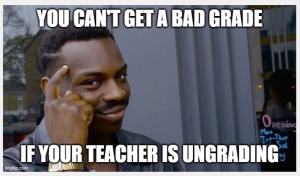 Photo of a man pointing to his brain. Title: You can't get a bad grade if your teacher is ungrading.