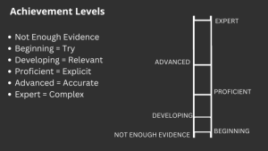 Image of achievement levels. A ladder leads from not enough evidence, to beginning, to developing, to proficient, to advanced, and finally to expert.