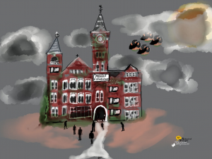 Image of an elementary school. The skies are cloudy and gray, with clouds and scary birds hovering over the school building.